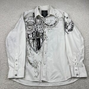 Roar Mens 2XL White Graphic Button Down Shirt Phoenix Shield Studded Y2K 60961